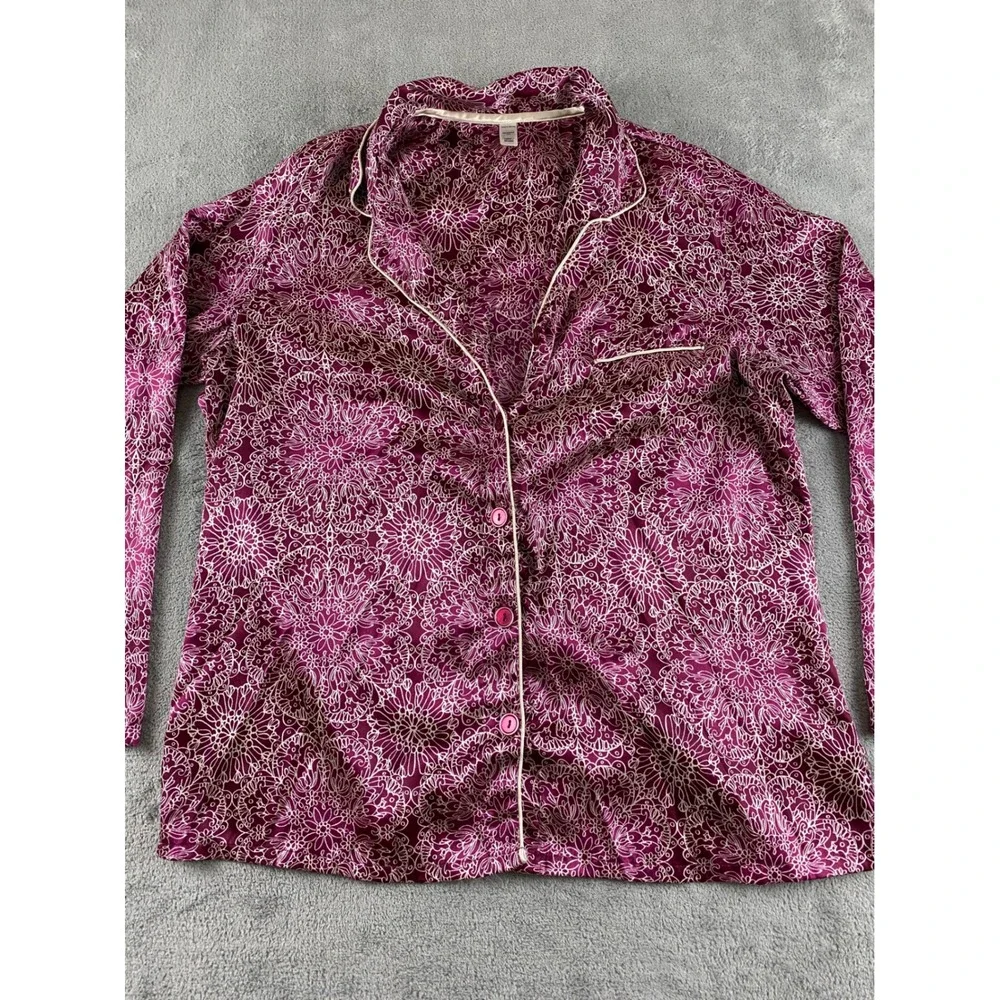 Jaclyn Smith Womens Pajama Top Long Sleeve Button Down Purple Floral Print Large